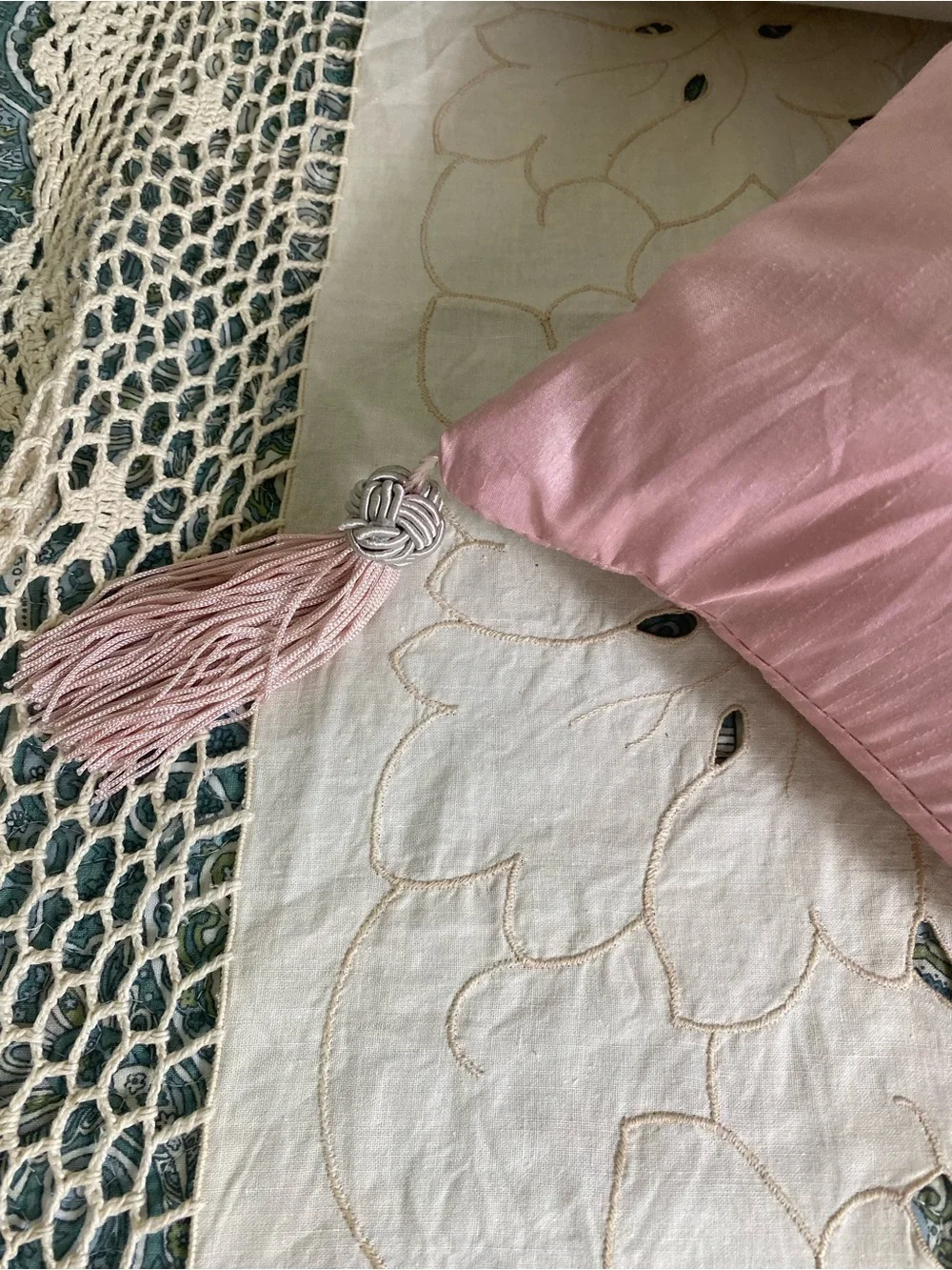 Vintage Pink Silk Accent Pillow w/ silver medallion and tassels 60s 70s